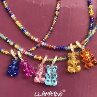 cute transparent gummy bear zircon rainbow beaded necklace for women girls candy color resin bear crystal beads necklace jewelry