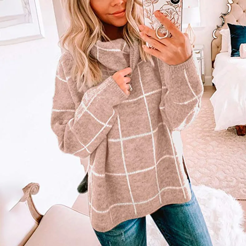 Женский пуловер свитер водолазка в клетку с длинным рукавом Свободные