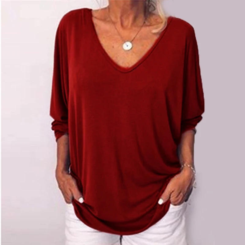 

Solid Casual V-Neckline Long Sleeve T Shirt For Women 2020 Autumn & 2021 Spring