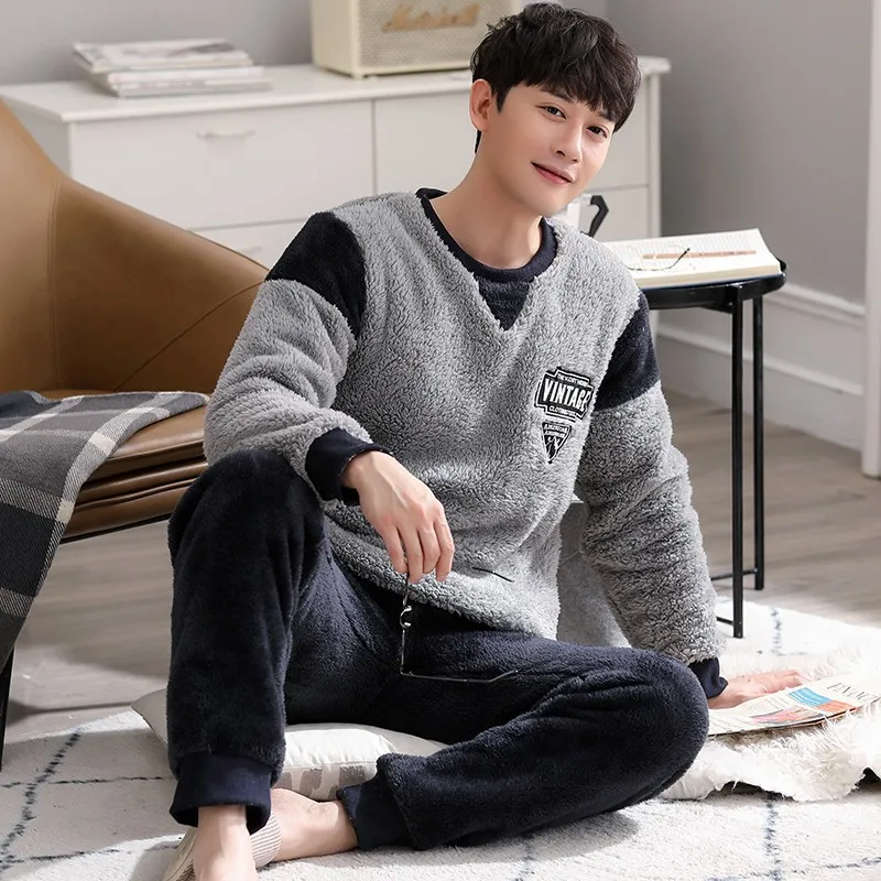 Winter Men's Pajamas Suit Flannel Sleepwear Fashion Letter O-Neck Pyjamas Thick Warm Mens Lounge Wear Korean Homewear Nightwear
