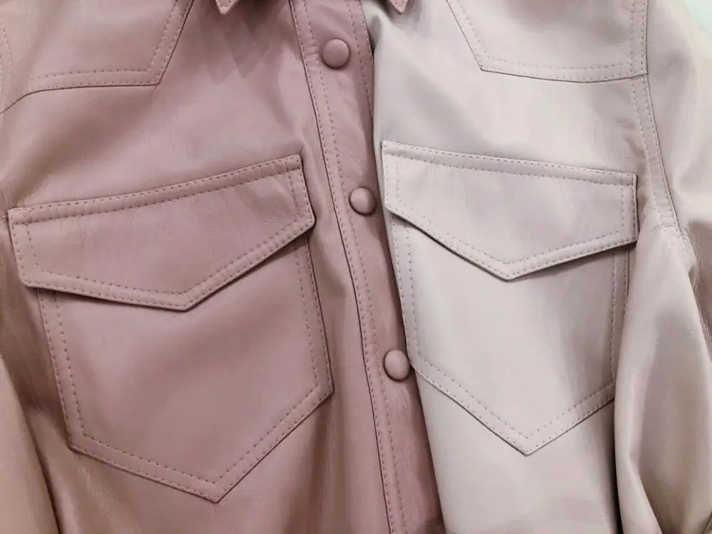 

Color Patchwork Jacket Fake Leather Turn-down Collar Single Breasted Loose Long Sleeve Lace-up Female Autumn Outwear with Sashes
