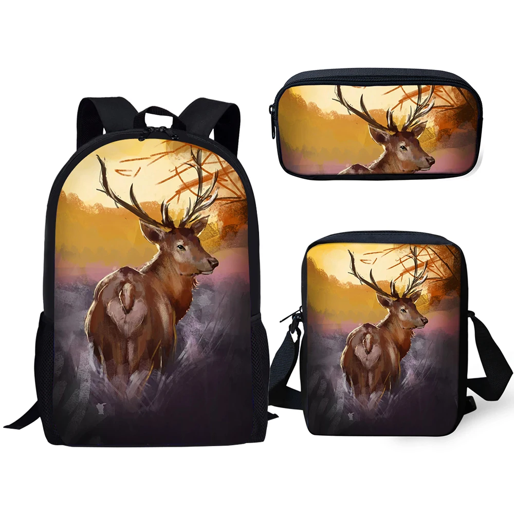 HaoYun 3PCs Set Kids School Backpack Art Fantasy Deer Pattern School Book Bags Kawaii Animal Students Backpack/Flaps Bag/Pen Bag