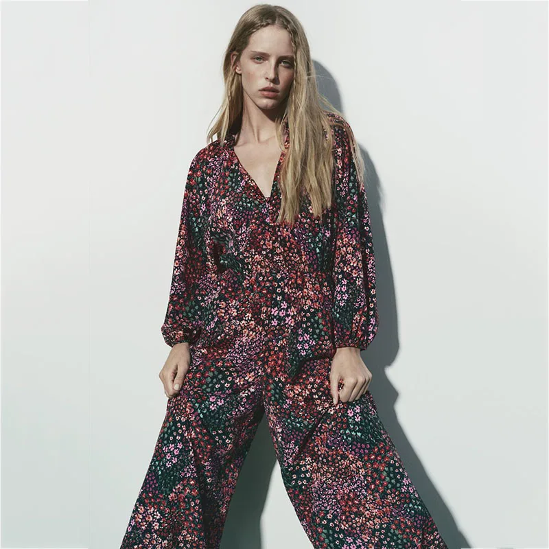 

Uniera 2021 Za women's early autumn new European and American retro loose V-neck printed one-piece women's wide leg pants