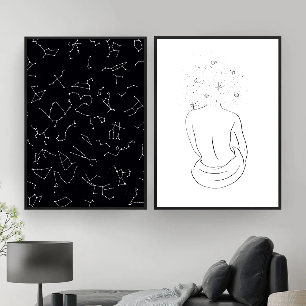 Абстрактная настенная живопись созвездий, холст, живопись, астрологический знак, черный, белый, Wowan линии, плакат, печать, скандинавский декор, картины