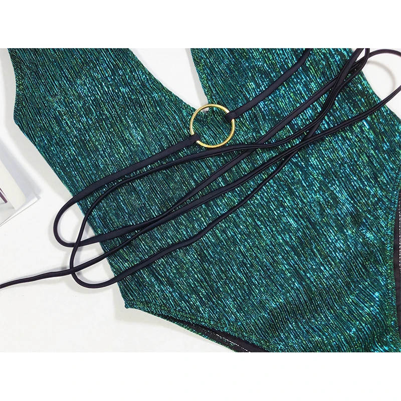 In-X Sexy deep v neck swimsuit one piece Ring swimwear women Green string bodysuit Monokini Bathing suit Bathers new | Спорт и