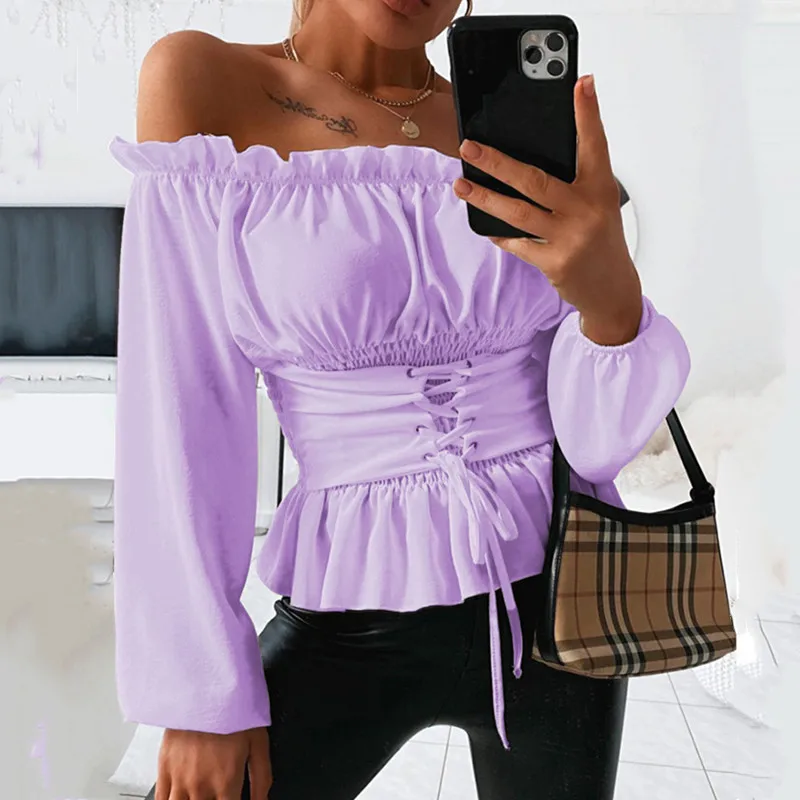 

Women Autumn Solid Off Shoulder Blouse Shirt Sexy Slash Neck Long Sleeve Lace Up Corset Blouses Fall Blusas Mujer De Moda 2020