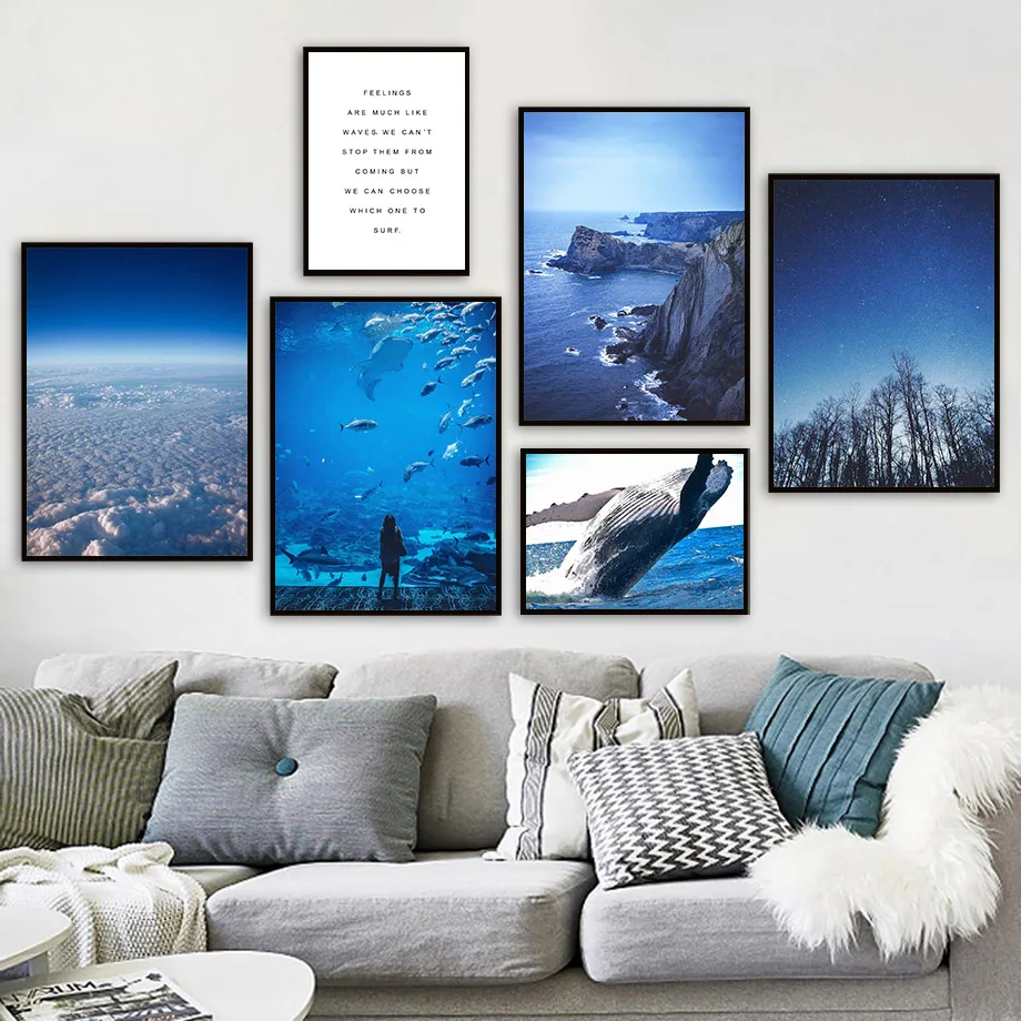 

Canvas Paintings Ocean Wave Whale Shark Reef Cloud Quote Wall Art Nordic Posters Prints Wall Pictures For Living Room Decoration