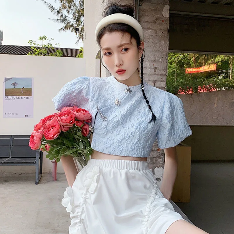 

LANMREM Korean Clothing High Waist Blue White Flounced Dress Set Casual Loose Fit Women's Summer 2021 New Arrival 2K1302