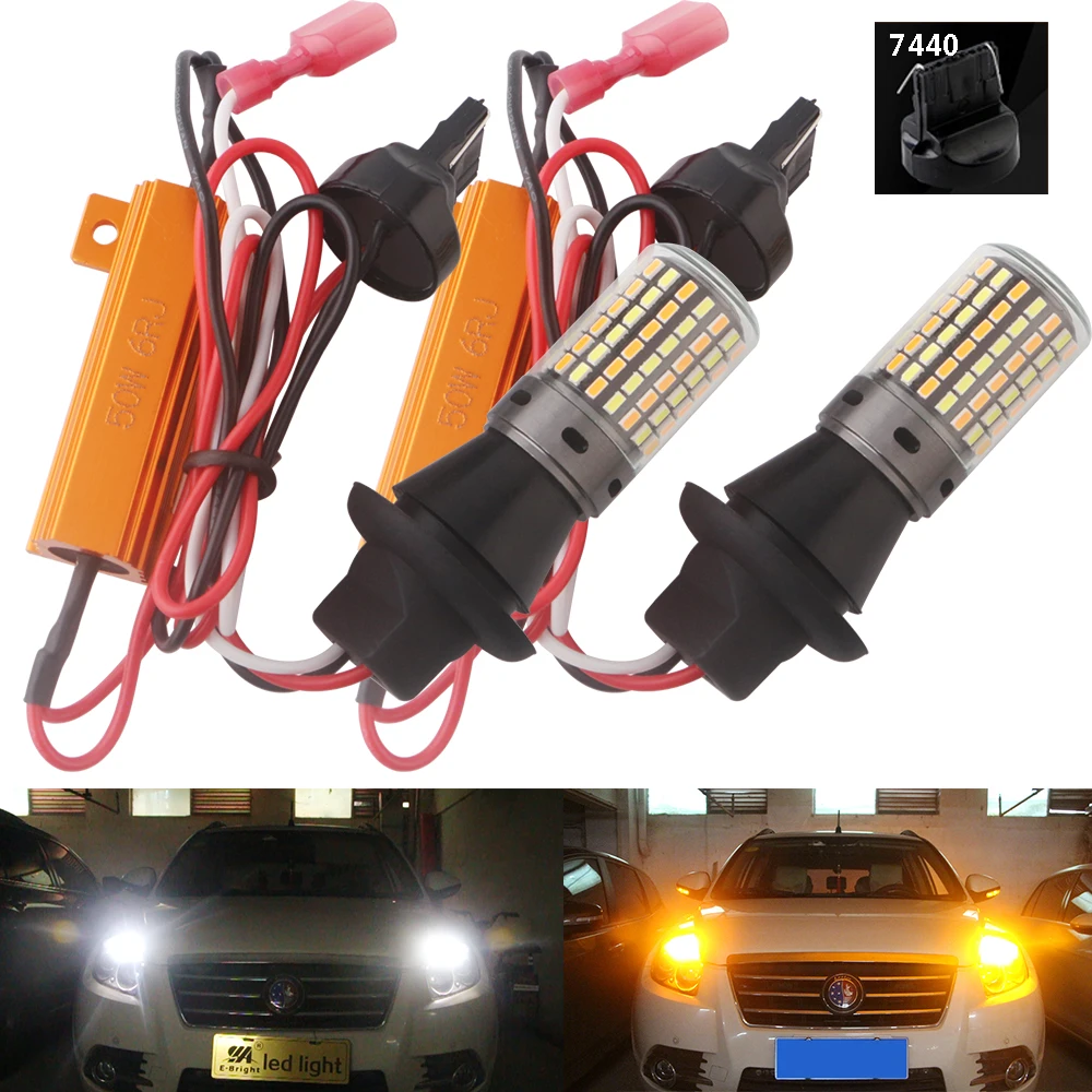 

1 комплект светодиодных фонарей Canbus P21W PY21W BAU15S DRL и поворотников, двухцветный, 3156 7440 w21w, без гиперфлейши с резисторами, переключением 3014
