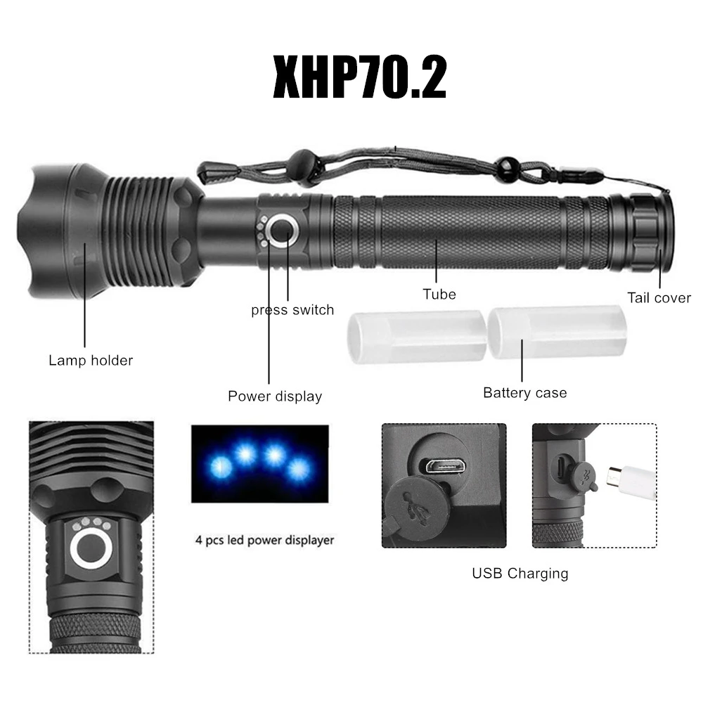 Светодиодный фонарь XHP70.2 XHP90 с зарядкой от USB Мощный тактический XHP70