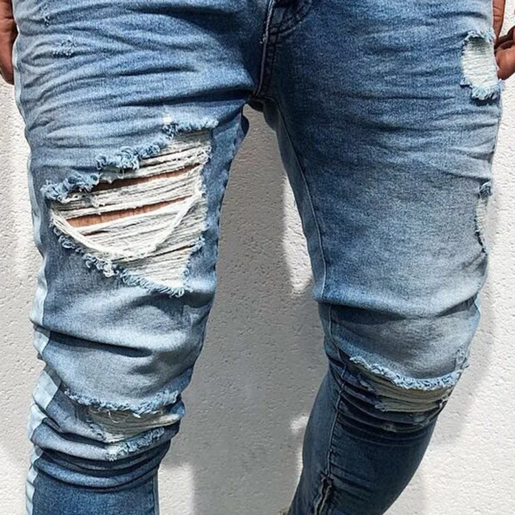 Джинсы мужские рваные в полоску облегающие брюки джоггеры из потертого денима