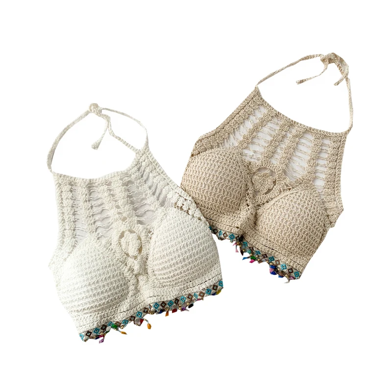 

Hollow out Crochet tank Tops Cami women bustier beige Seaside holiday Sexy Halter hollow knitting vests bralette crop top lady