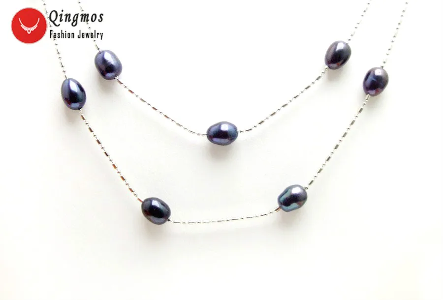 Qingmos Natural Black Pearl Necklace for Women with 6-7mm Rice Freshwater Float 46&quot Long Chain Fine Jewelry n6475 |