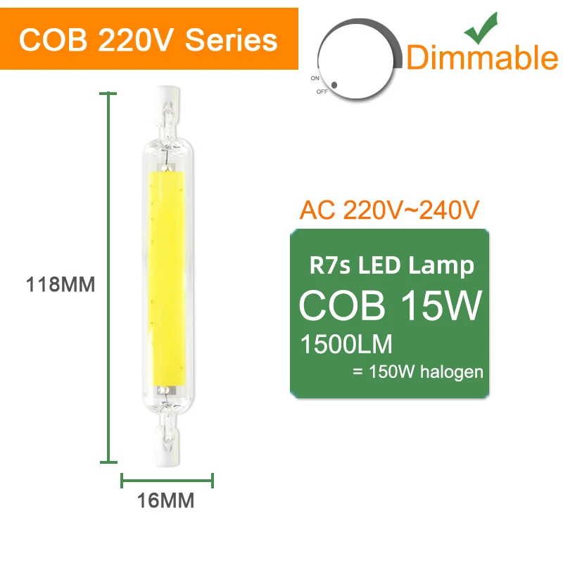 COBL 118mm 220V Dim Kaguyahime СВЕТОДИОДНЫЙ R7S лампа 6 Вт 9 Вт 12 Вт 220 В 110 В светодиодный светильник с регулируемой яркостью 78 мм 118 мм 135 мм заменить галогенный светильник Светодиодный точечный светильник - Испускаемый цвет: COBL 118mm 220V Dim