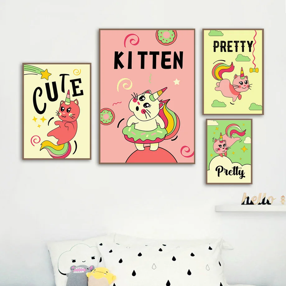 

Cute Cartoon Unicorn Cat Kitten Nordic Posters and Prints Animal Wall Art Canvas Painting Wall Picture Baby Kids Room Home Decor