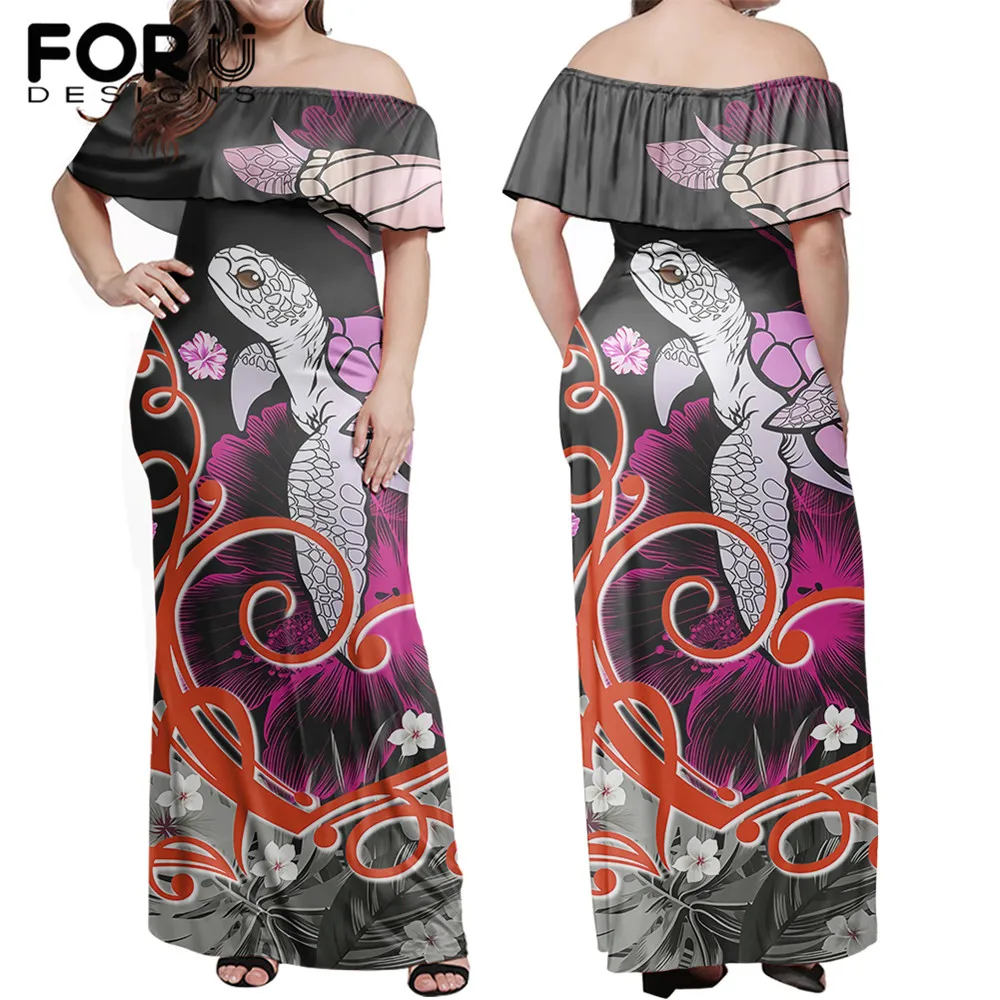 

Женское платье с открытыми плечами FORUDESIGNS, длинное облегающее платье макси с принтом гавайской черепахи, гибискуса, плюмерии, элегантные об...