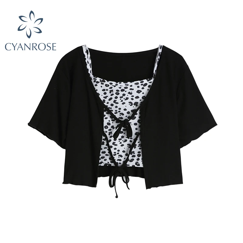 

Summer Women's Two Piece Set 2021 Korean New Style Streetwear Sexy Leopard Suspender + Solid Color Short Sleeve Cardigan Tops