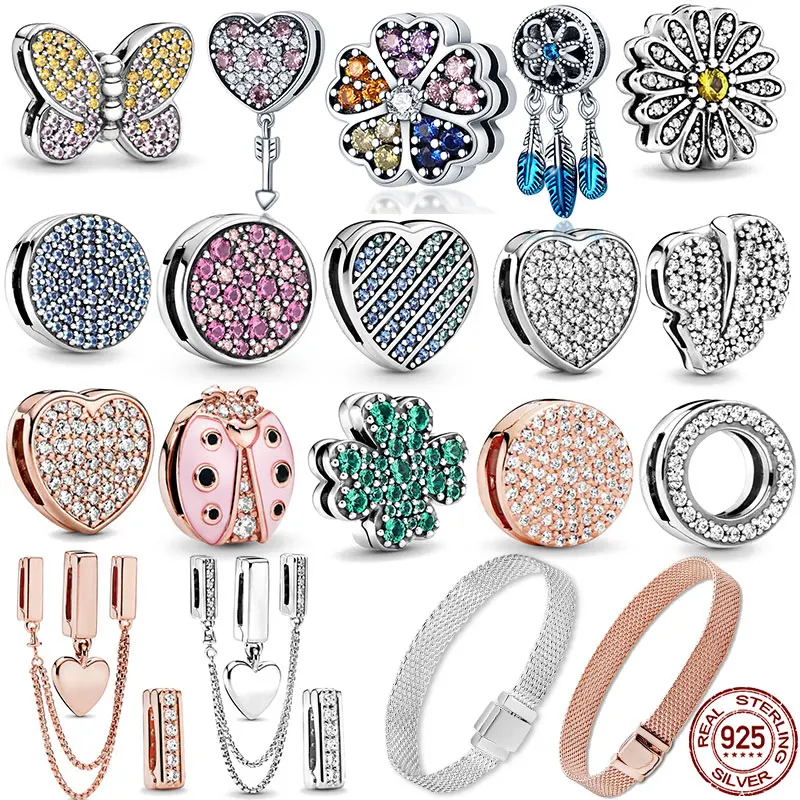 100% Charms con Clip scintillanti senza tempo in argento Sterling 925 misura il braccialetto