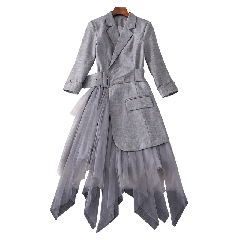 

Spring Summer New Women's Solid Temperament Slim Fashion Three Quarter Sleeve Irregular Gauze One-piece Dress