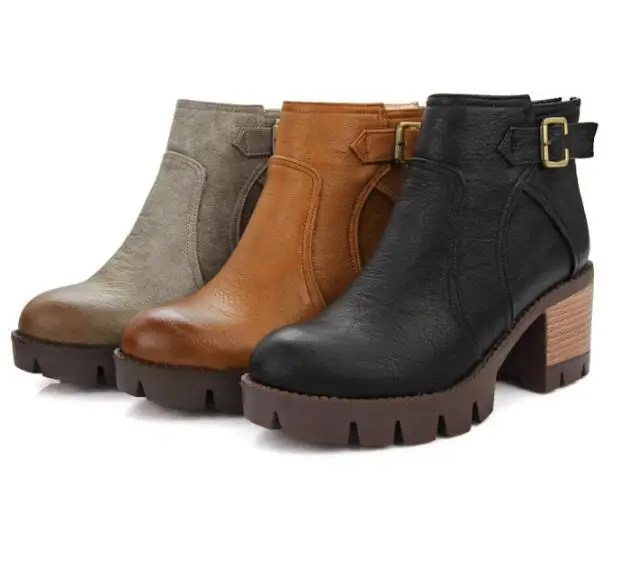 

New Womens Brogue Round Toe Warm Ankle Boots Chunky Block Heel Zipper Shoes