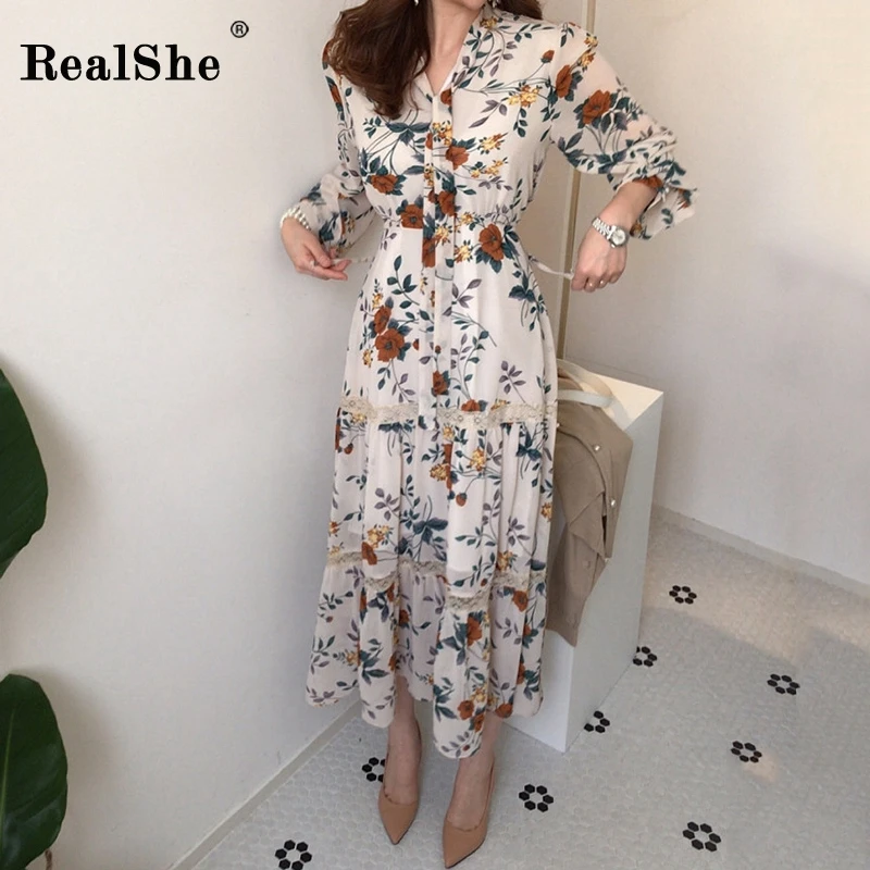 RealShe Макси платье женское длинное на шнуровке с цветочным принтом винтажное