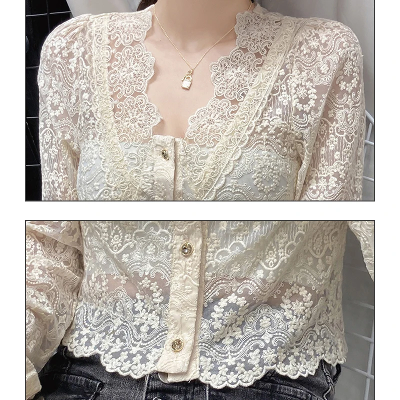 

Spring V-Neck Hollow Lace Blouse Women Sexy Long Sleeve Apricot Shirt Slim Short Women Tops Clothing Blusas Mujer De Moda 14187