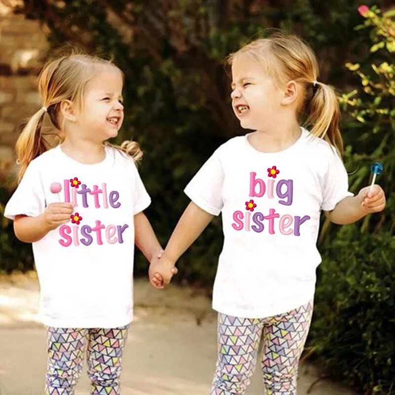 Big Sister Little Sister Matching Outfit T Shirt Summer Fashion T-shirt Children Short Sleeves White Tee Kids Tops Girls Clothes