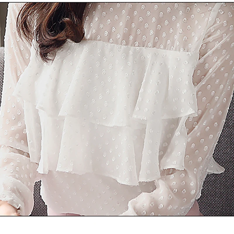 

2021 Spring White Women Lace Chiffon Blouse Long Sleeve Polka Dot Embroidery Ruffles O-neck Korean Office Shirt Blouse Blusas