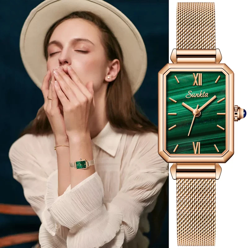

SUNKTA Japan Quartz Movement Women Watches Ultra-thin Ladies Clock High Quality Waterproof Rectangle Small Green Watch Dropshipp