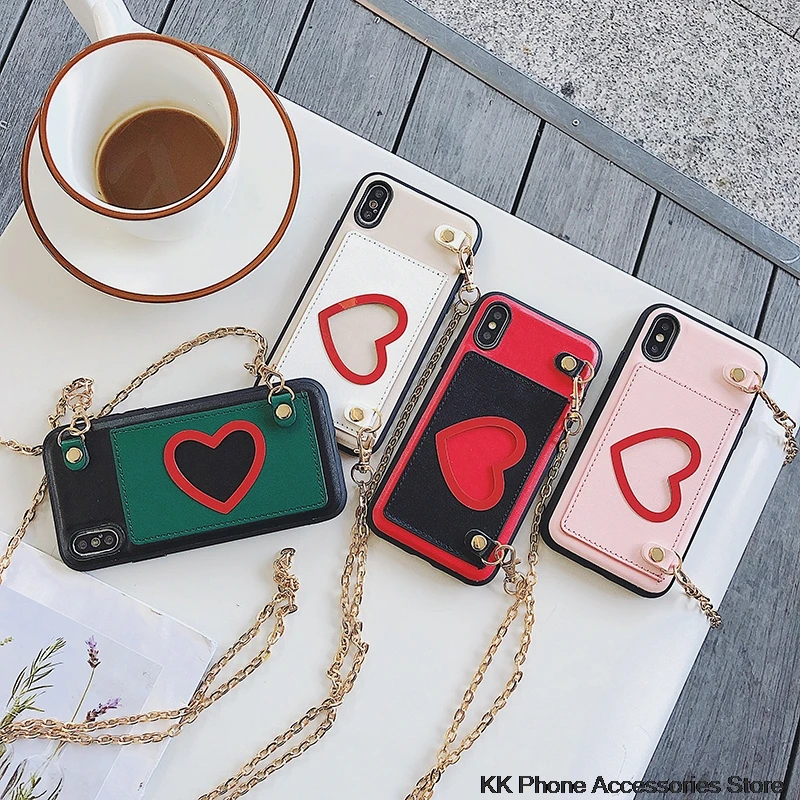 Чехол Кошелек с сердечками для iPhone X XR XS Max кожаный чехол длинной цепочкой через