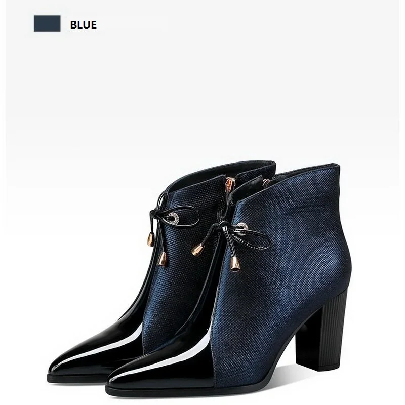 

2020 Autumn/Winter Ankle Boots Woman Short Boots Pointed toe Women Fall Shoes Booties Pointed toe Squre Heel Footware Blue
