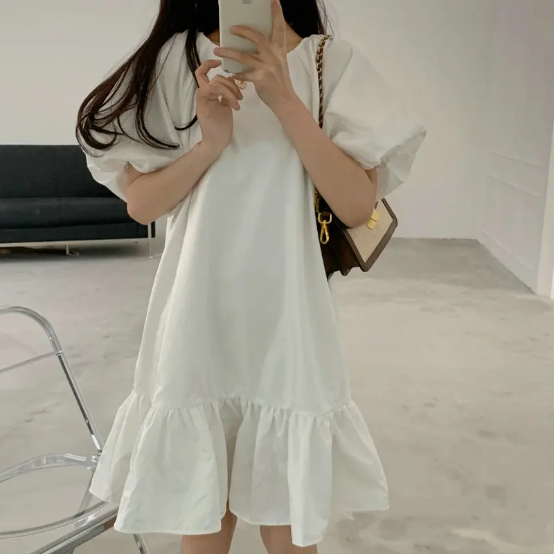 

Summer Women White Dresses With Back Black Bow Design O-Neck Short Lantern Sleeve Ruffle Hem Loose Fitting One Piece Koean Style