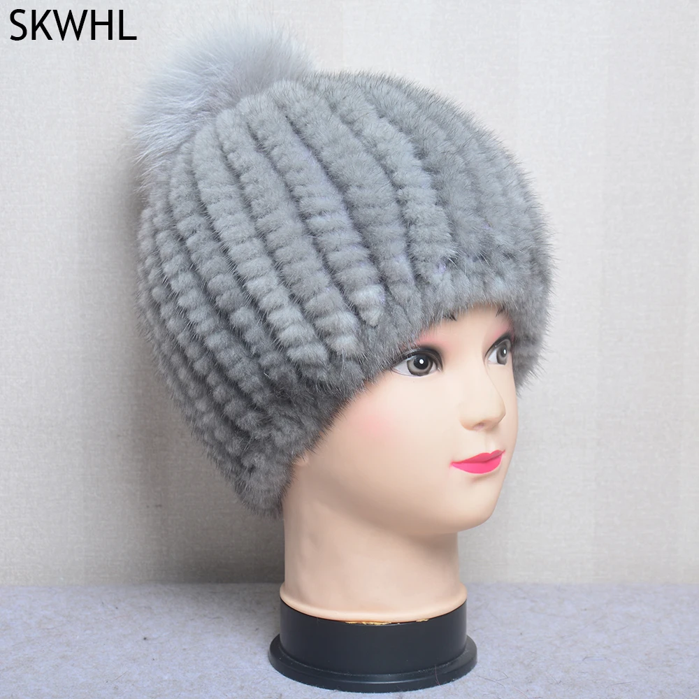 

2021 New Lovely Real Mink Fur Hat Women Winter Knitted Real Mink Fur Beanies Hats Fox Fur Pom Poms Thick Warm Real Mink Fur Cap