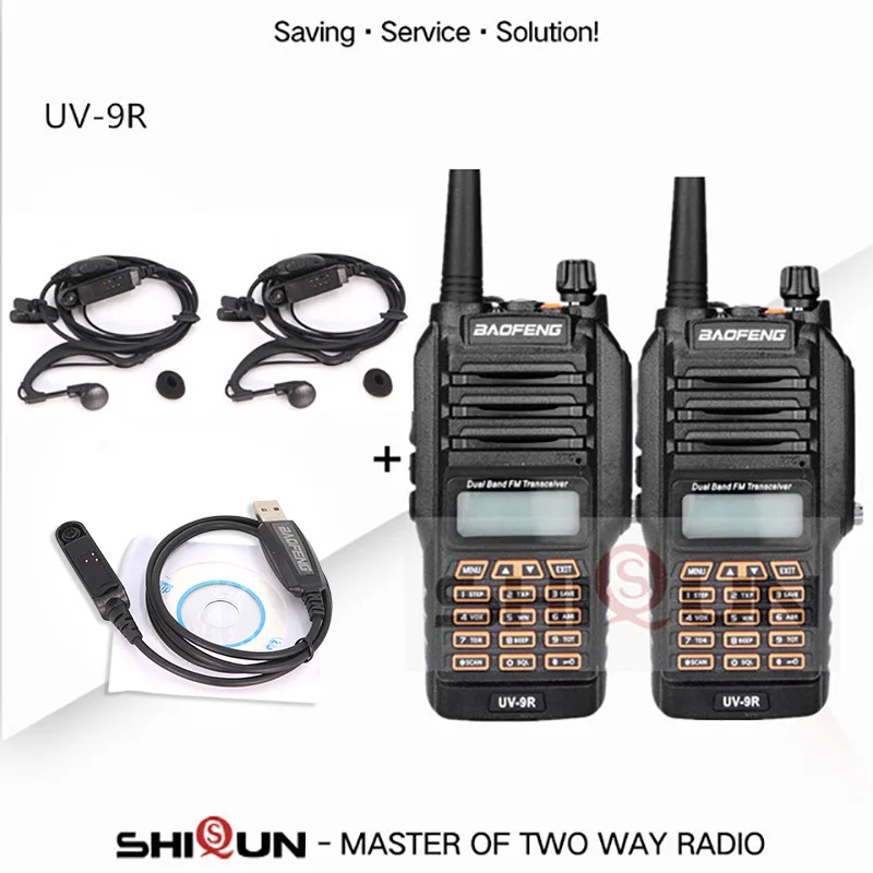 2 шт. UV-9R Baofeng 8 Вт 10 км двухдиапазонный УКВ 136-174 UHF 400-520 МГц IP67 иди и болтай Walkie Talkie “иди и 10 км обновления UV-82 UV-5R UV-XR УФ 9R - Цвет: Add 2 Headset-1Cable