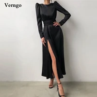 verngo simple a line satin evening party dress long sleeves o neck modest prom gowns ankle length side slit party dresses 2021