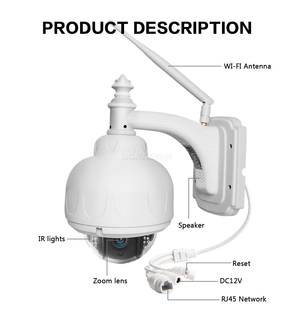 BOAVISION Беспроводная IP скоростная купольная камера Wifi HD 1080P 2MP PTZ уличная безопасность CCTV 2,7-13,5 мм Автофокус 5X зум SD карта ONVIF