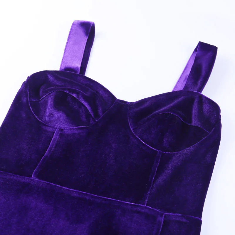 

Velvet Sleeveless Spaghetti Strap Knee-Length Dress Sexy Split Skinny Solid Soft Backless Elegant Party Dress