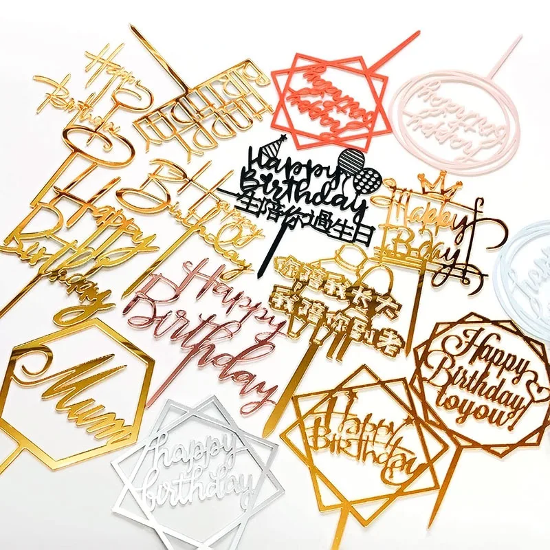 

10pcs Acrylic Insert Card Happy Birthday Cake Decoration Insert Double Mirror Insert Card Baking Holiday Flag Acrylic Wedding