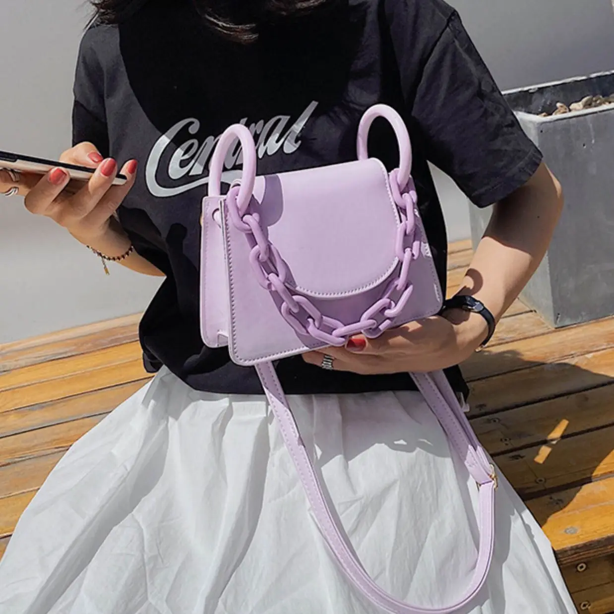 

Women Fashion Big Plastic Chain Pu Handbag 2021 Summer European American Simple One Shoulder Or Crossbody Small Square Bag