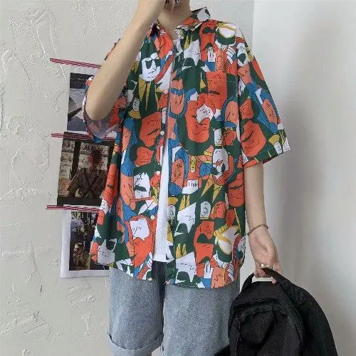 

Summer Hawaiian wind beach flower shirt short sleeve men's and women's trend loose size handsome five-point sleeve shirt