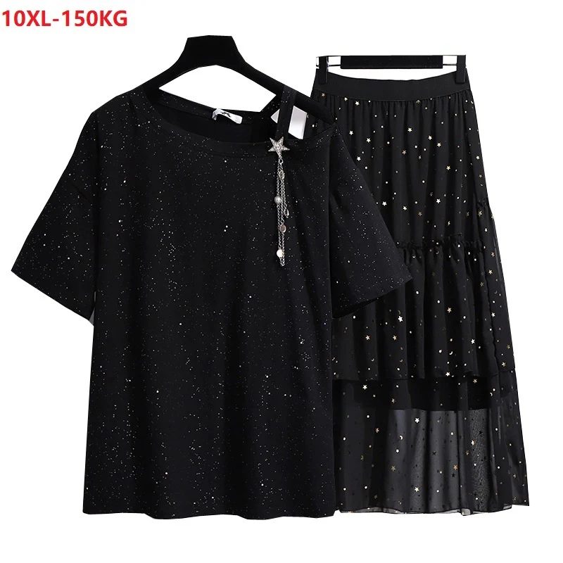 

summer plus size tshirt and skirts set women diamonds tees dot 6XL 8XL 10XL fashion oversize loose tops 54 56 58 60 62 66 150KG