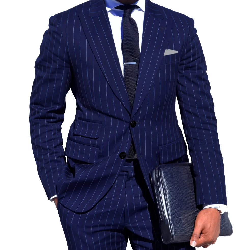 

Men Suits Tailor-Made Pinstripe Navy Blue Single Breasted Gentleman High Quality Formal Business Wedding Causal Prom Tailored