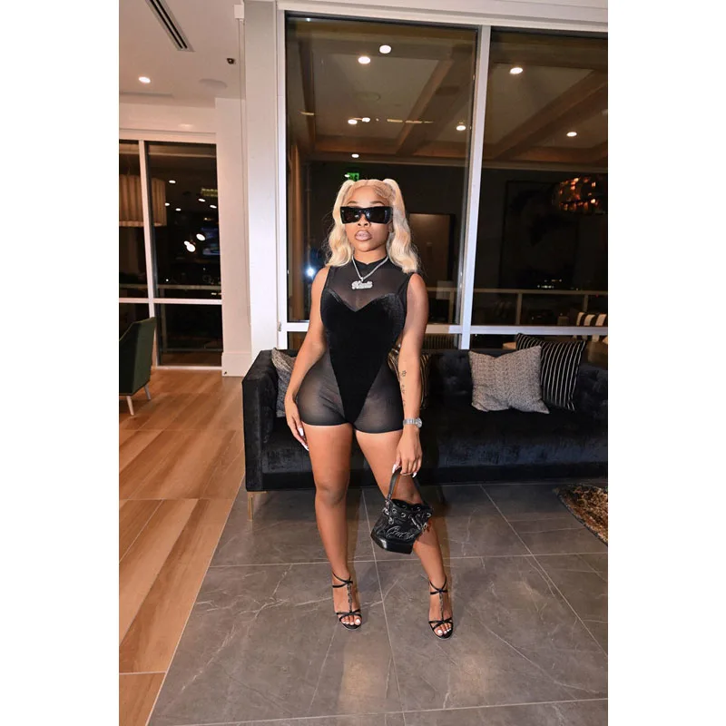 

Spring Clothes Sexy Rompers Womens Jumpsuit Korean-velvet Mesh Stitching One Piece Outfits Party Vacation Streetwear Wholesale