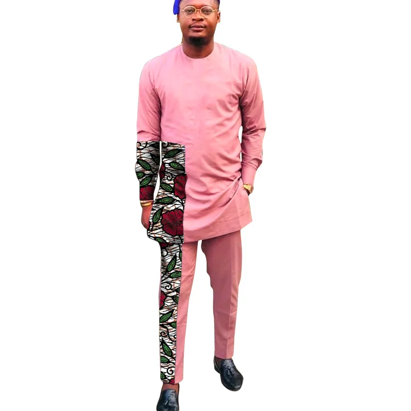 Baby Pink Cotton Men's Patchwork Shirts+Solid Trousers Nigerian Style Pant Sets Custom African Fashion Outfit For Wedding