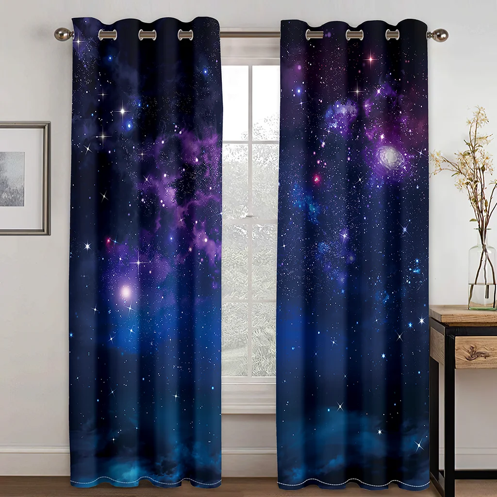 

Home Grommet curtains Living Room Bedroom Decoration Black Silk Cloth Curtains Blue Starry Pattern Printing