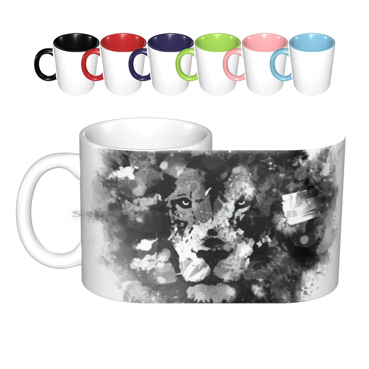 Night Lion V Ceramic Mugs Coffee Cups Milk Tea Mug Lion Wolf Dog Animal Face Portait Water Colour Smoke Paint Splash Brush The