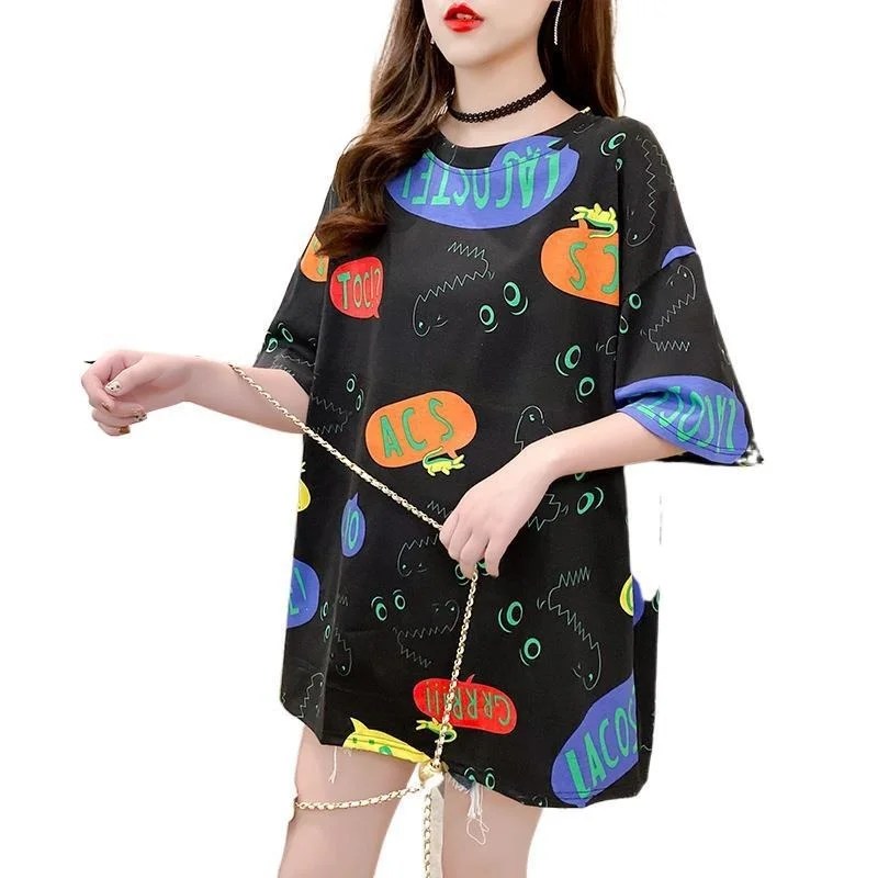 

Black Fashion Kawaii Cute Cartoon Short-Sleeved Shirt Women Summer Loose O-Neck Casual Plus Size Harajuku Couple Graphic Tees