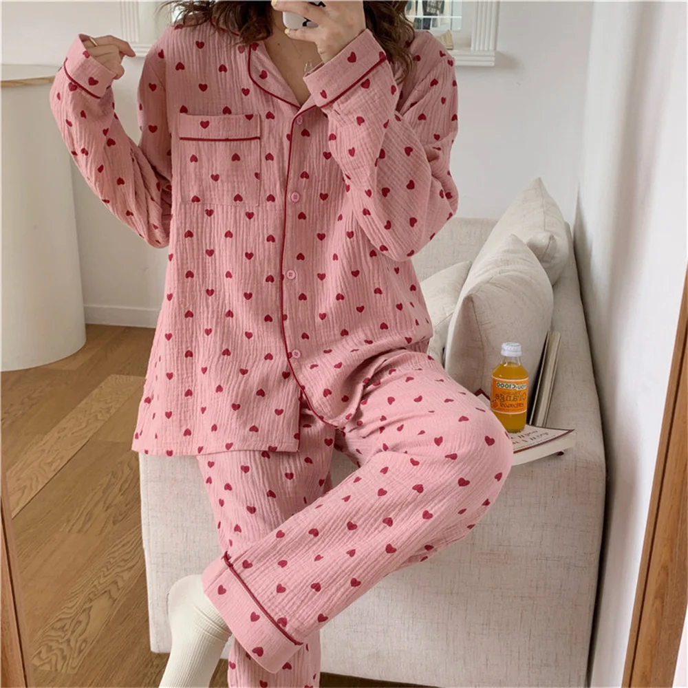 

Alien Kitty Hot Home Clothes Printed Hearts Loose Linen Casual Women Autumn 2021 Sweet Chic Sleepwear Long Sleeves Pajamas Sets