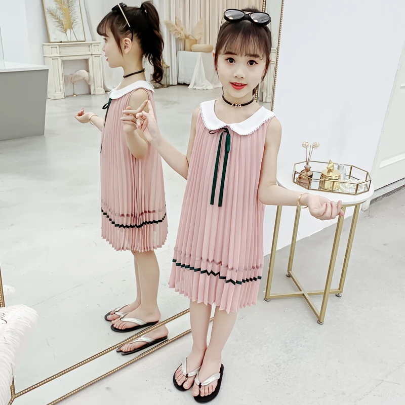 

Children's Chiffon Pleated Princess Dress For Girls Summer Clothes Cute Kids Doll Collar Pink Solid Party Dresses Vestido 5-12Y