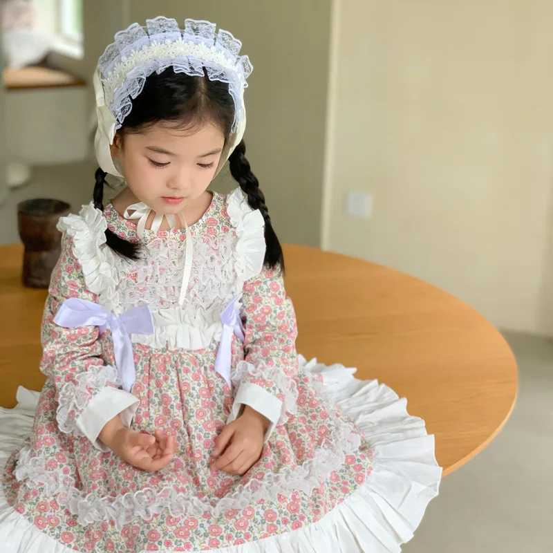 

2022 New Spanish Girls Lolita Dress Toddler Princess Birthday Party Dresses Kids Bow Pink Floral Robe Children Boutique Clothing